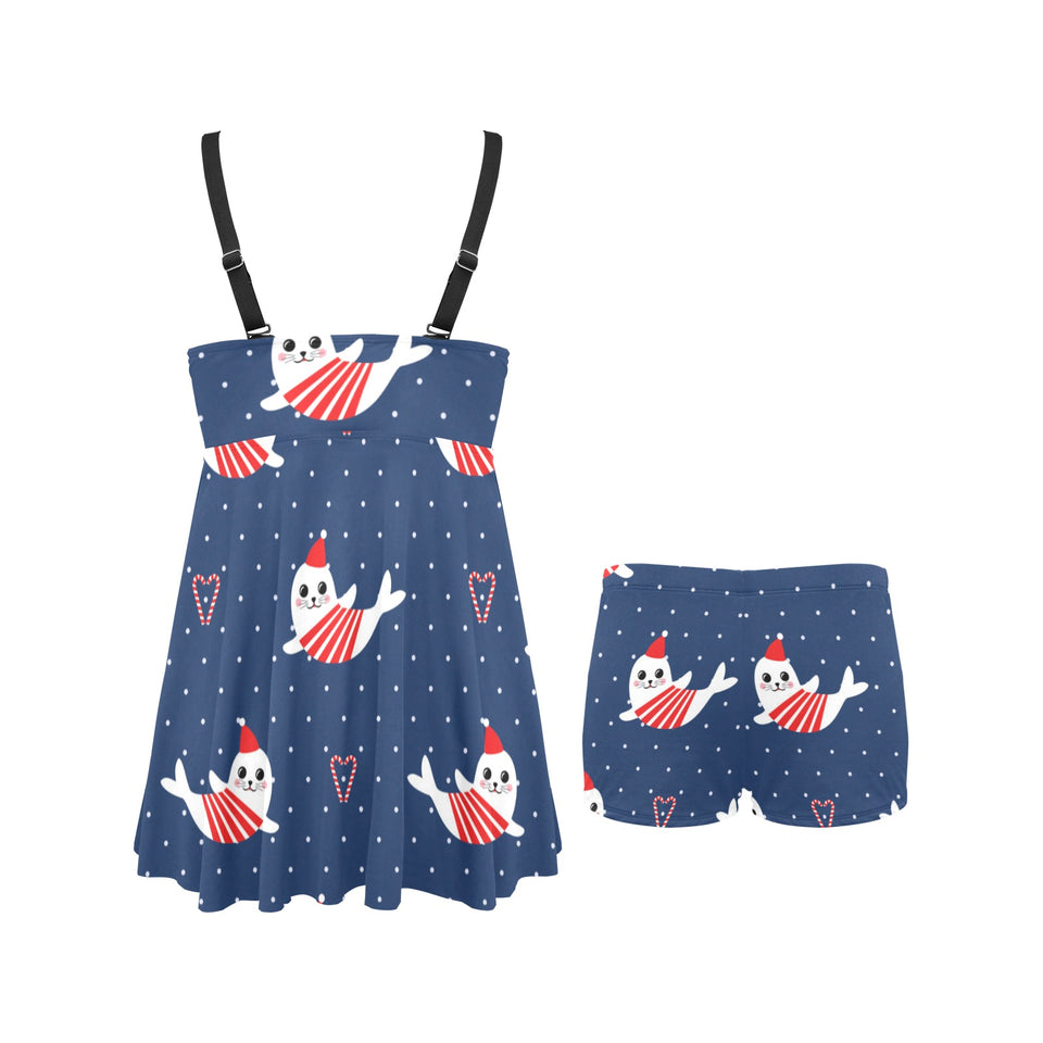 Cute sea lion seal christmas hat candy cane heart Chest Sexy Pleated Two Piece Swim Dress