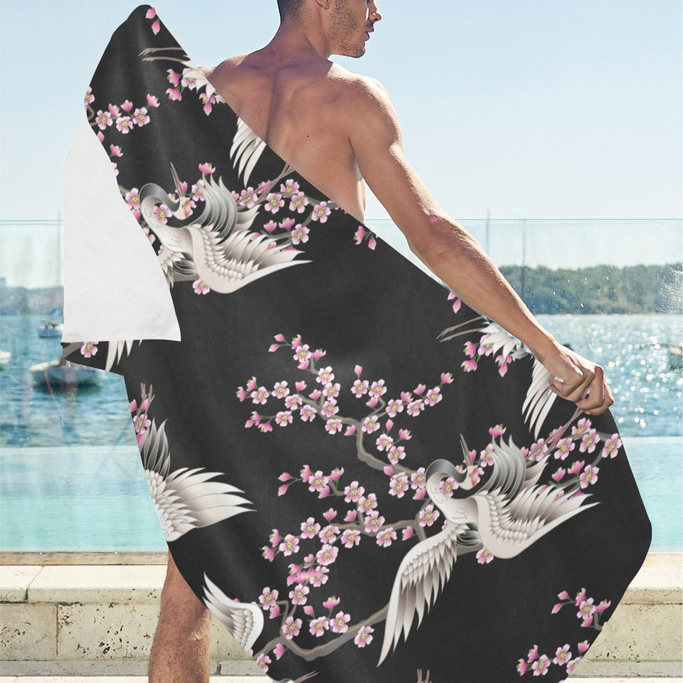 Japanese crane pink sakura pattern Beach Towel
