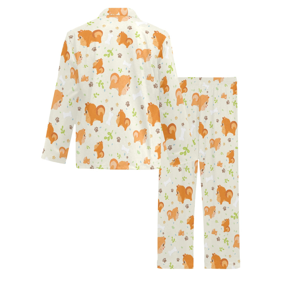Cute brown pomeranian paw leave bone pattern Men's Long Pajama Set
