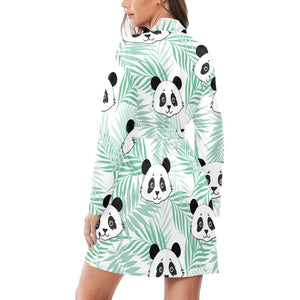 Panda pattern tropical leaves background Women's Long Sleeve Belted Night Robe
