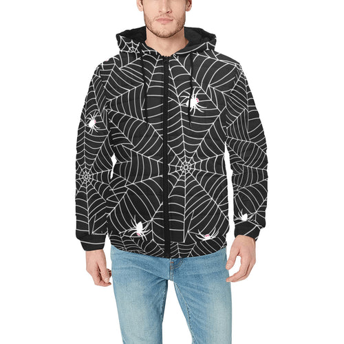 Spider web design pattern Black background white c Men's Padded Hooded Jacket