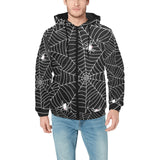 Spider web design pattern Black background white c Men's Padded Hooded Jacket