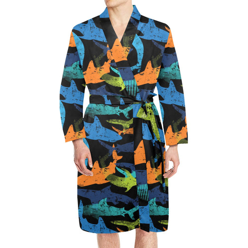 Colorful shark Men's Long Sleeve Belted Night Robe