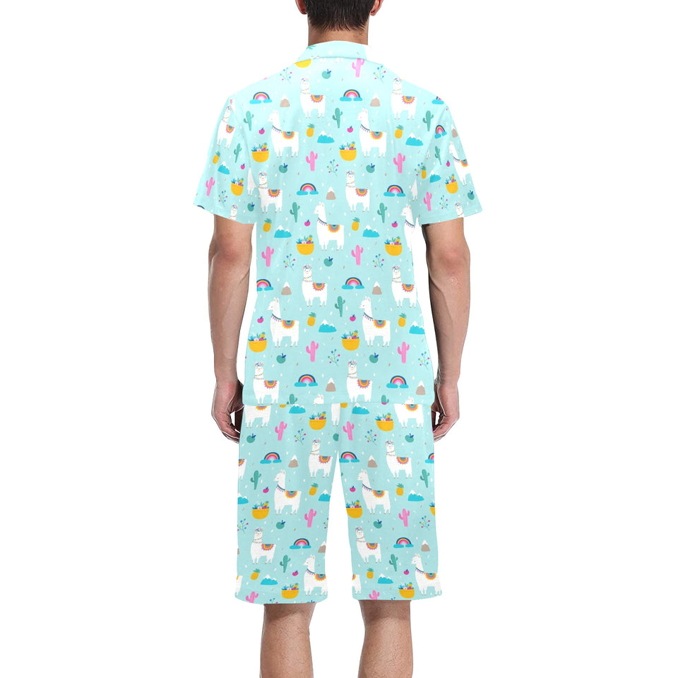 Llama alpaca cactus leaves pattern Men's V-Neck Short Pajama Set