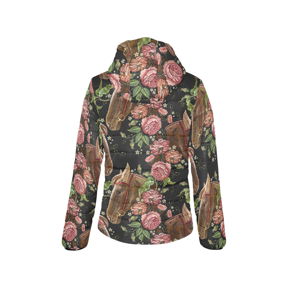 Horse head wild roses pattern Women's Padded Hooded Jacket