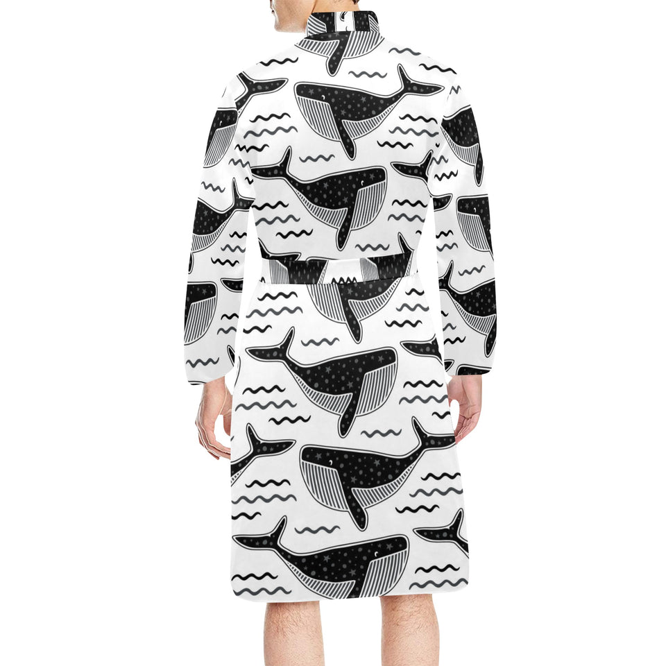 Black whale pattern Men's Long Sleeve Belted Night Robe