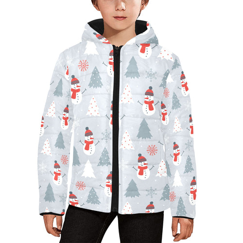 Snowman christmas tree snow gray background Kids' Boys' Girls' Padded Hooded Jacket