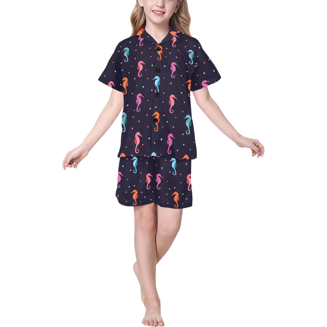 Watercolor colorful seahorse pattern Kids' Boys' Girls' V-Neck Short Pajama Set