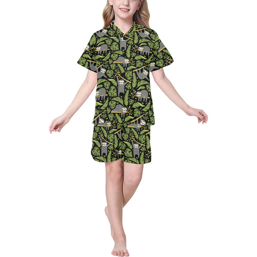 Cute sloths tropical palm leaves black background Kids' Boys' Girls' V-Neck Short Pajama Set