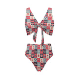 British Pattern Print Design 05 Chest Bowknot High Waisted Bikini Swimsuit