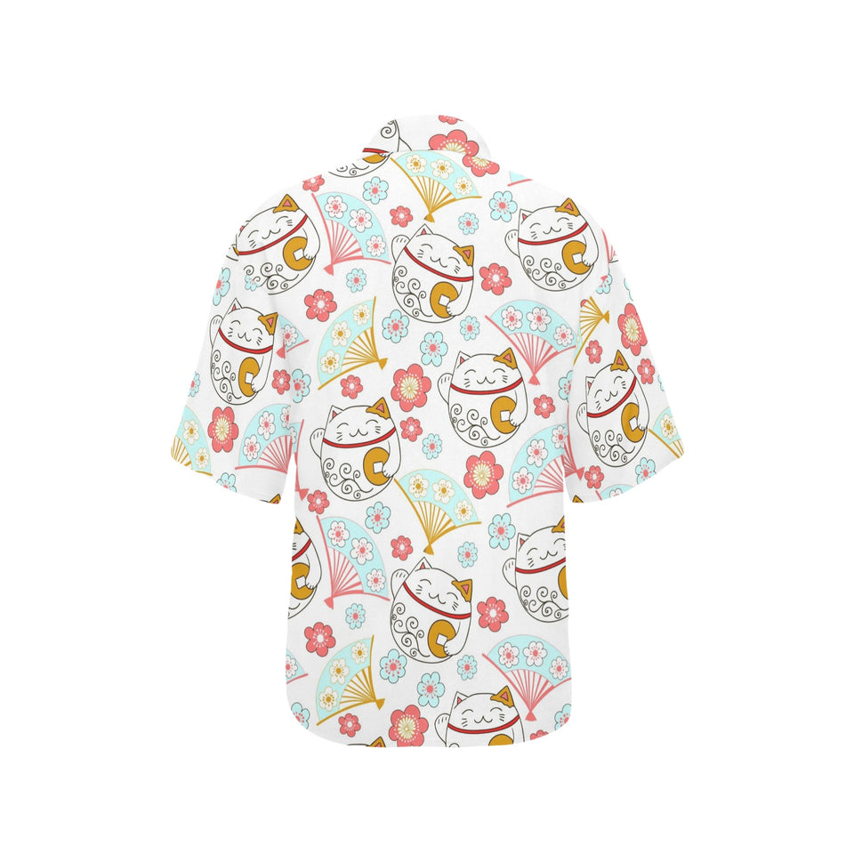 Maneki neko cat fan sakura Women's All Over Print Hawaiian Shirt