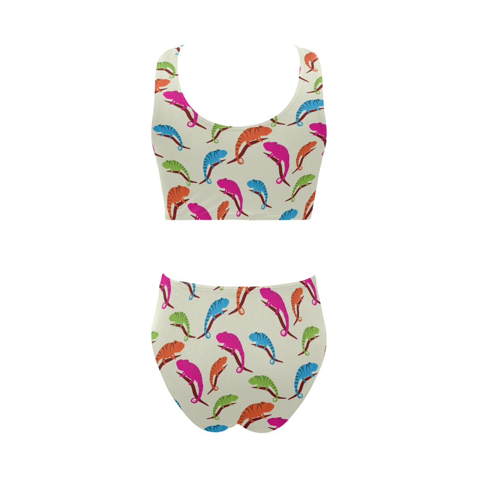 Colorful Chameleon lizard pattern Chest Bowknot High Waisted Bikini Swimsuit