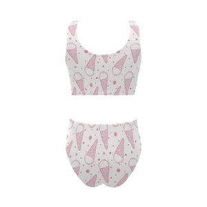 Hand drawn ice cream pattern Chest Bowknot High Waisted Bikini Swimsuit