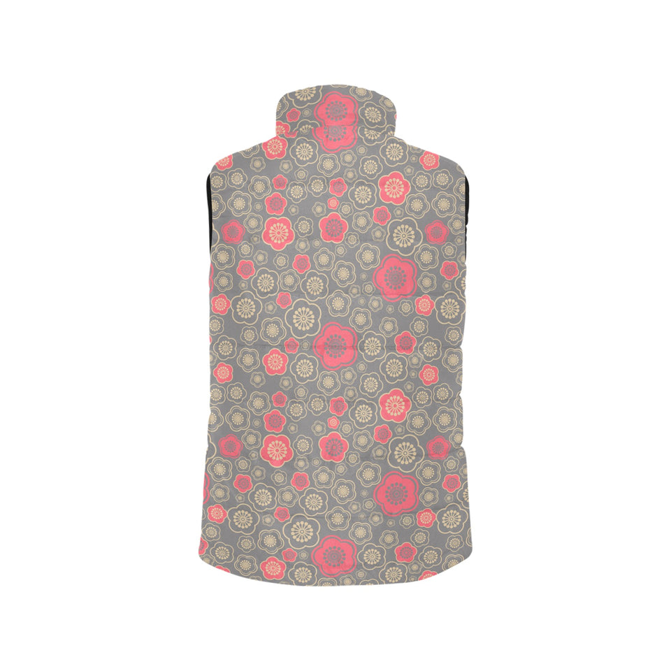 Red gold Sakura cherry blossom gray background Women's Padded Vest