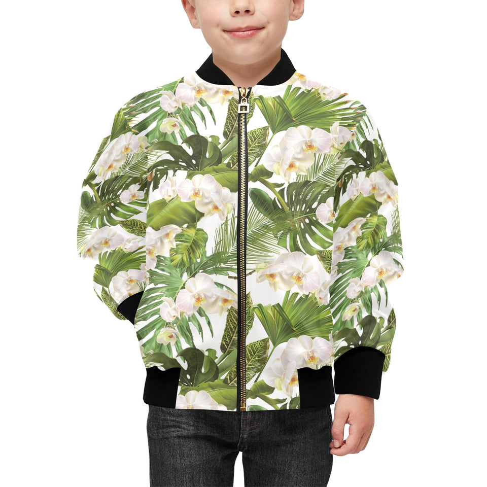White orchid flower tropical leaves pattern Kids' Boys' Girls' Bomber Jacket