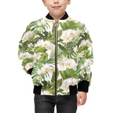 White orchid flower tropical leaves pattern Kids' Boys' Girls' Bomber Jacket