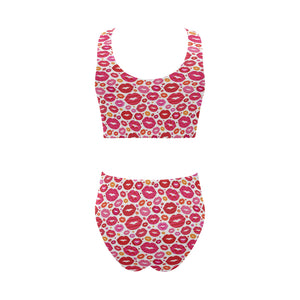Lips Pattern Print Design 01 Chest Bowknot High Waisted Bikini Swimsuit