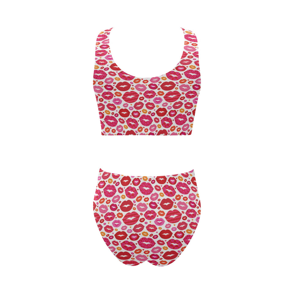 Lips Pattern Print Design 01 Chest Bowknot High Waisted Bikini Swimsuit
