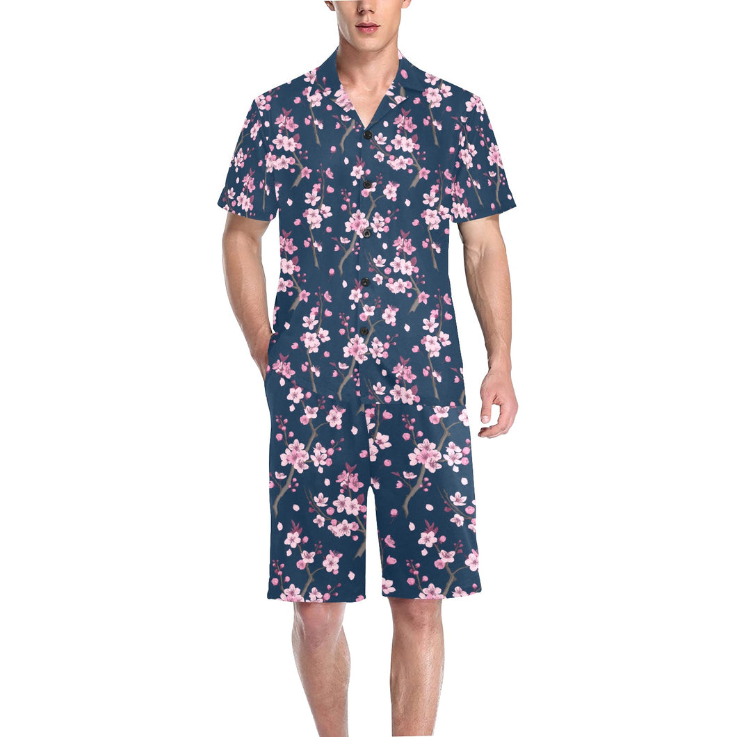 Pink sakura cherry blossom blue background Men's V-Neck Short Pajama Set