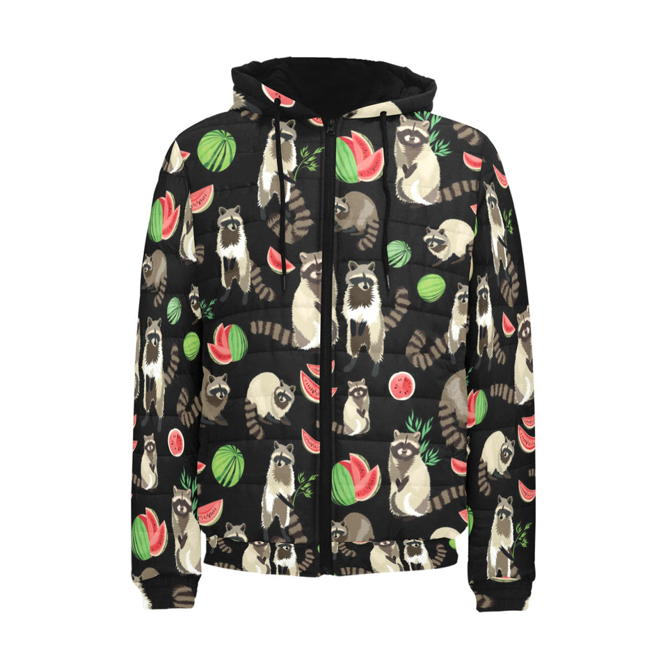 Raccoon watermelon pattern Men's Padded Hooded Jacket