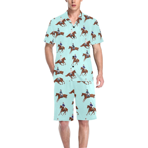 Horses running horses rider pattern Men's V-Neck Short Pajama Set