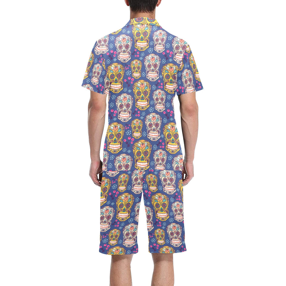Sugar skull flower pattern Men's V-Neck Short Pajama Set