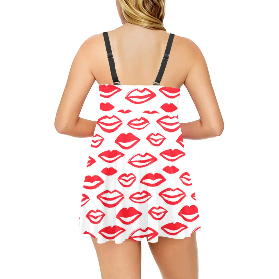 Lips Pattern Print Design 05 Chest Sexy Pleated Two Piece Swim Dress