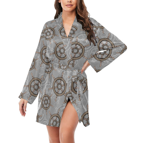 nautical wood steering wheel pattern Women's Long Sleeve Belted Night Robe
