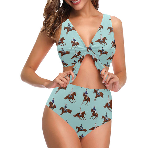 Horses running horses rider pattern Chest Bowknot High Waisted Bikini Swimsuit