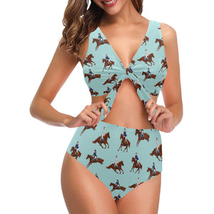 Horses running horses rider pattern Chest Bowknot High Waisted Bikini Swimsuit