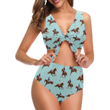 Horses running horses rider pattern Chest Bowknot High Waisted Bikini Swimsuit