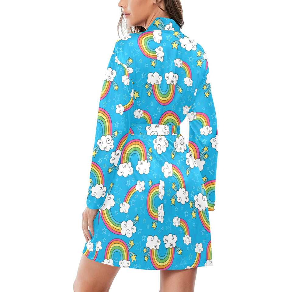 Rainbows Sky Clouds Pattern Women's Long Sleeve Belted Night Robe