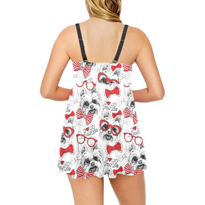 Yorkshire Terrier Pattern Print Design 04 Chest Sexy Pleated Two Piece Swim Dress