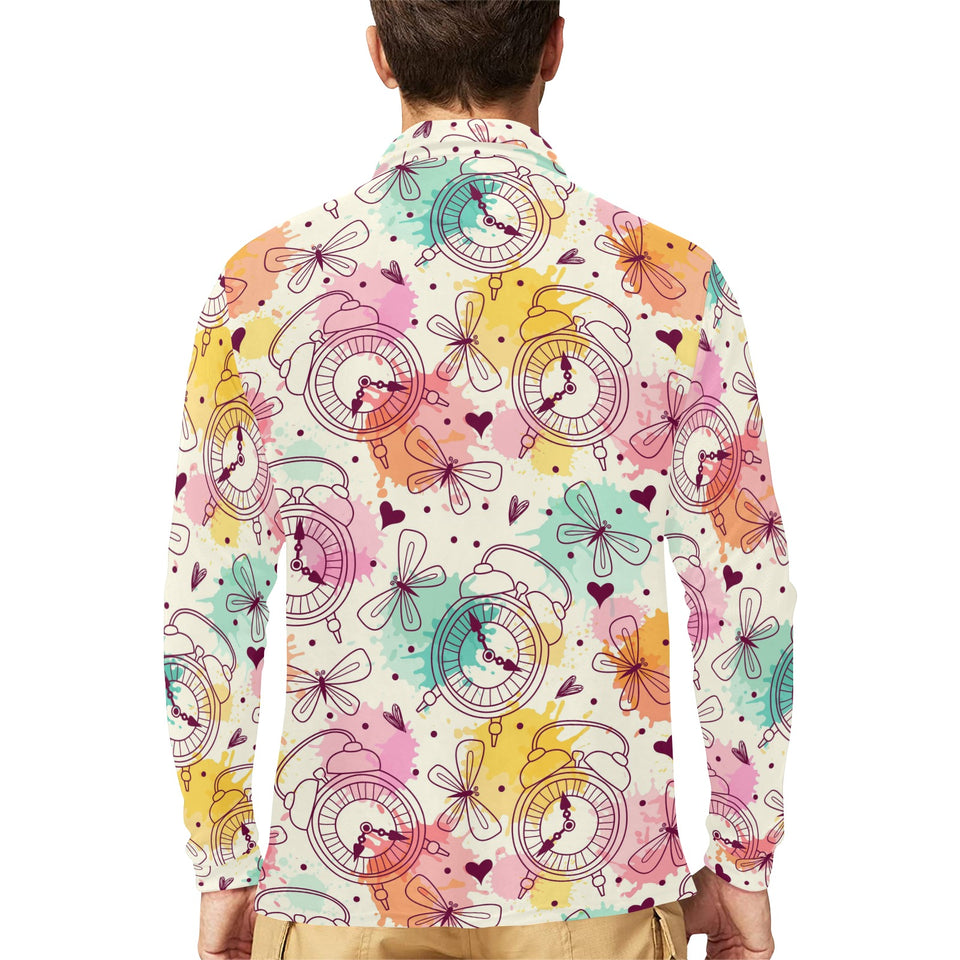 Clock butterfly pattern Men's Long Sleeve Polo Shirt