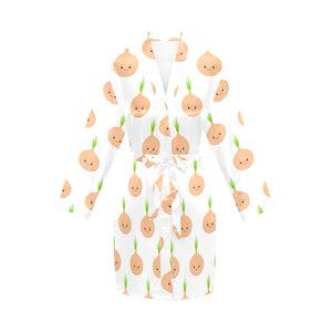 cute onions smiling faces Women's Long Sleeve Belted Night Robe