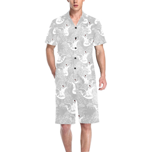 white swan gray background Men's V-Neck Short Pajama Set