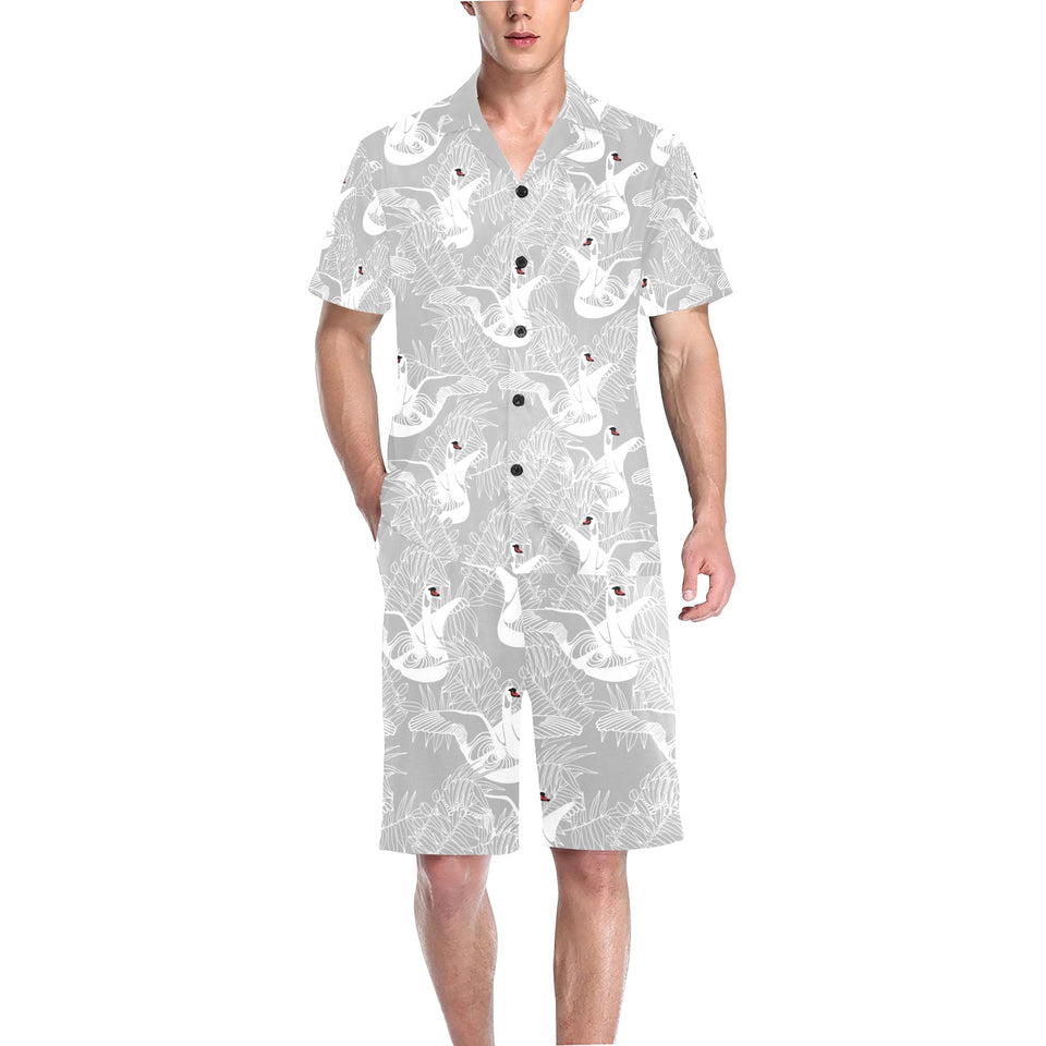 white swan gray background Men's V-Neck Short Pajama Set