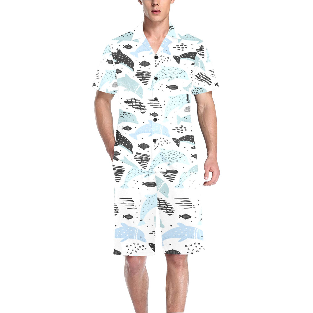 Cute dolphins Childish Style pattern Men's V-Neck Short Pajama Set