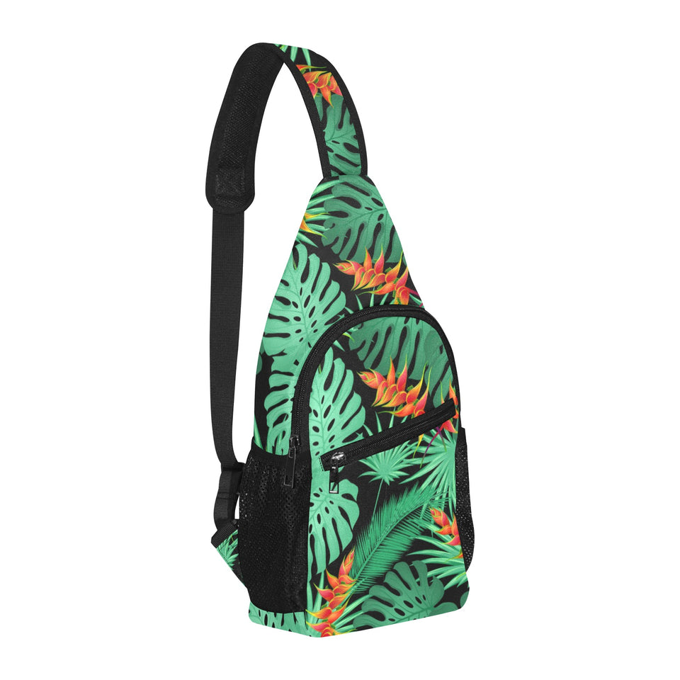heliconia flower palm monstera leaves black backgr All Over Print Chest Bag
