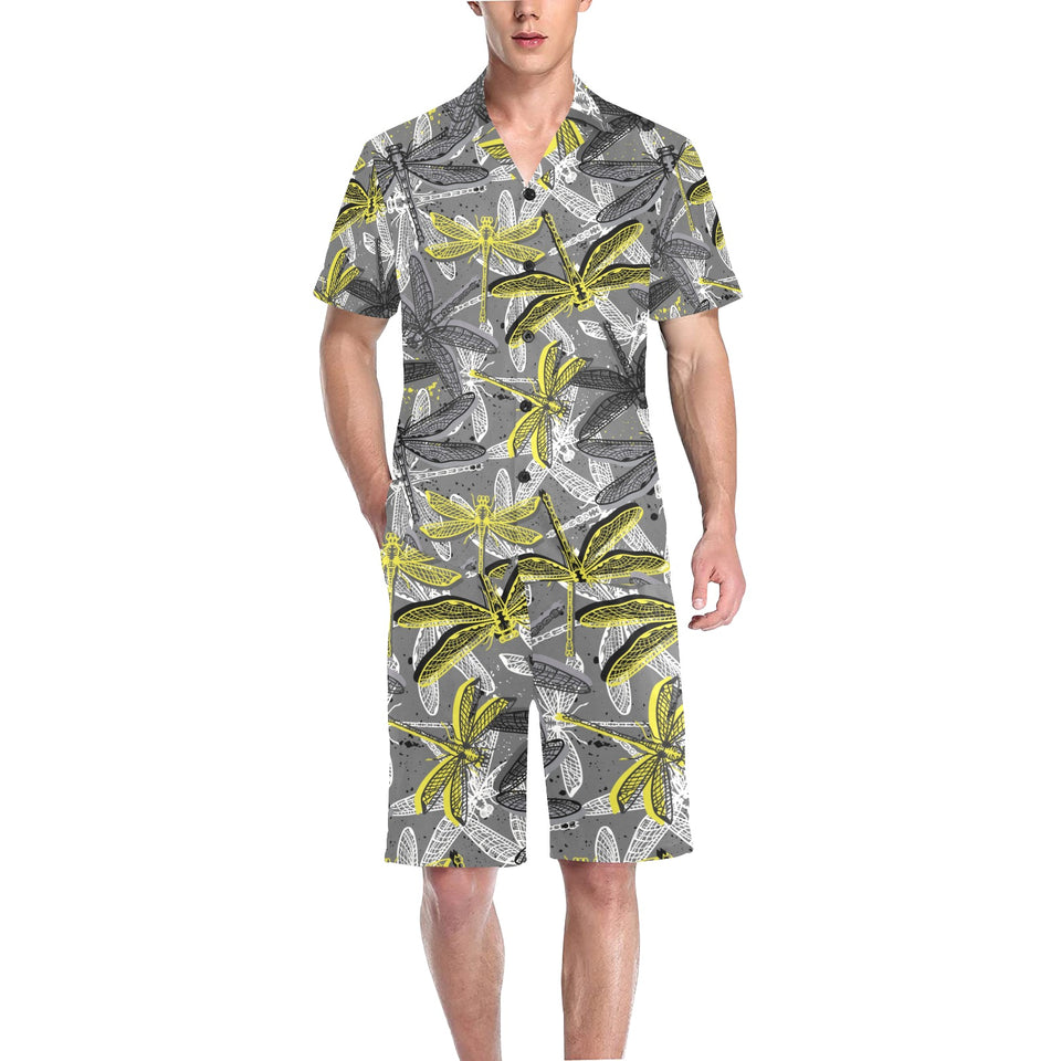 Hand drawn dragonfly pattern Men's V-Neck Short Pajama Set
