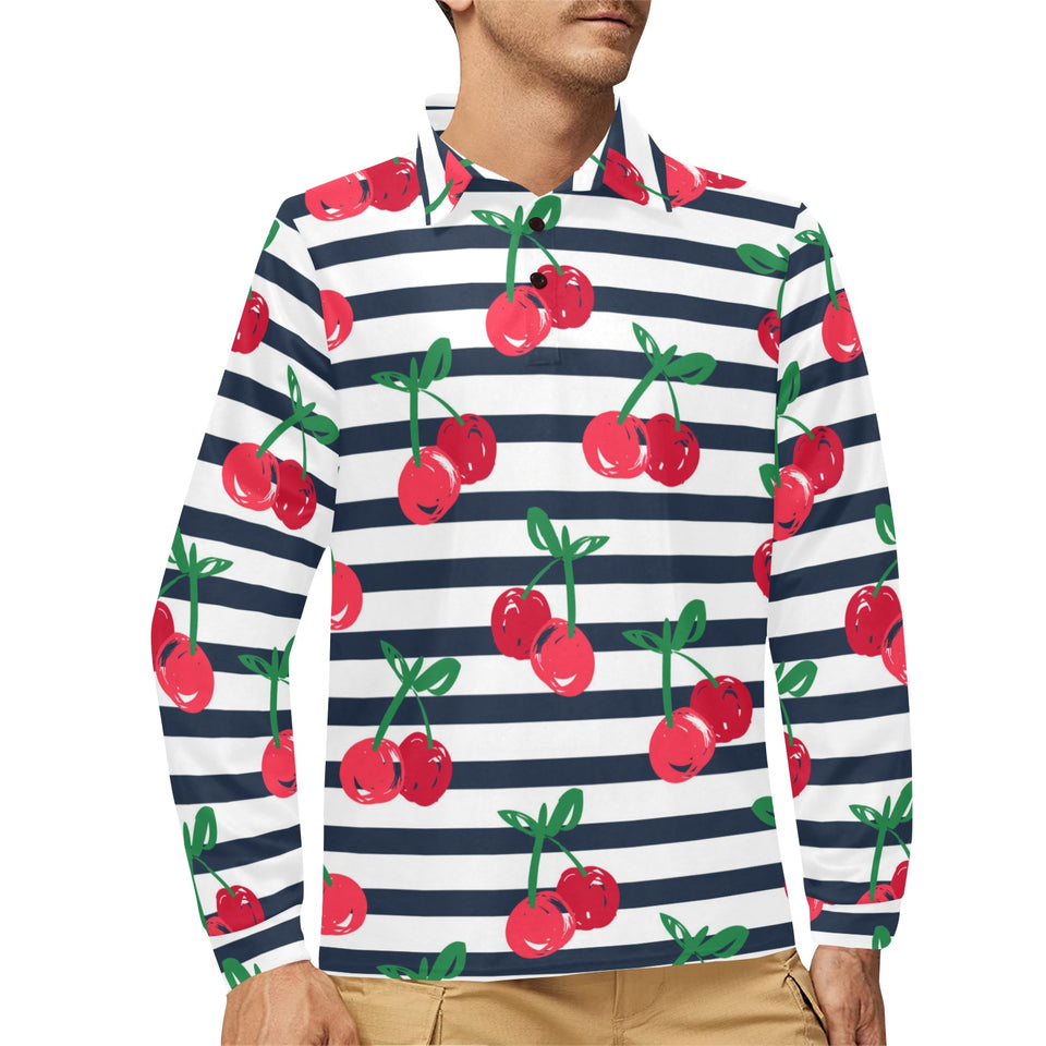 Hand drawn cherry pattern striped background Men's Long Sleeve Polo Shirt
