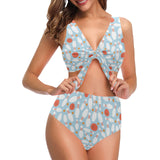 Bowling ball bowling pins blue blackground Chest Bowknot High Waisted Bikini Swimsuit