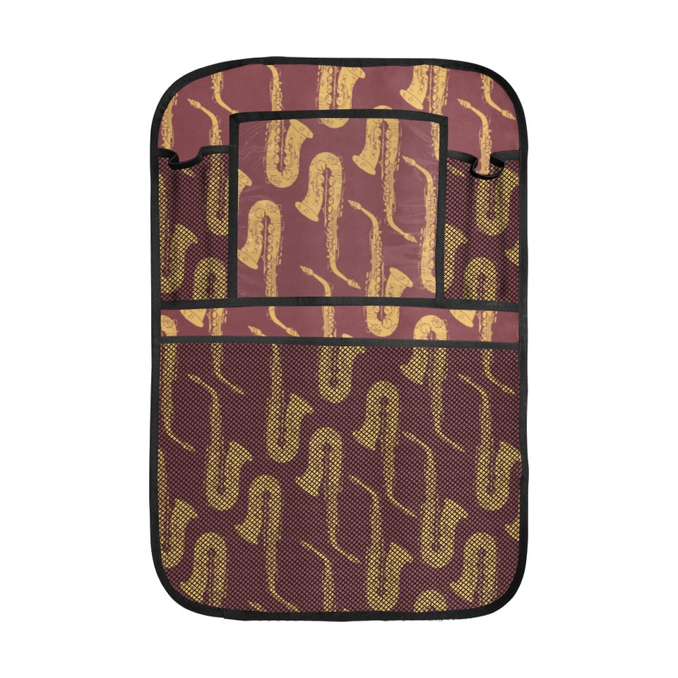 Hand drawn gold saxophone red background Car Seat Back Organizer