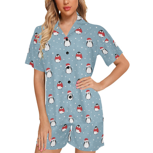 Cute penguin christmas snow pattern Women's V-Neck Short Pajama Set