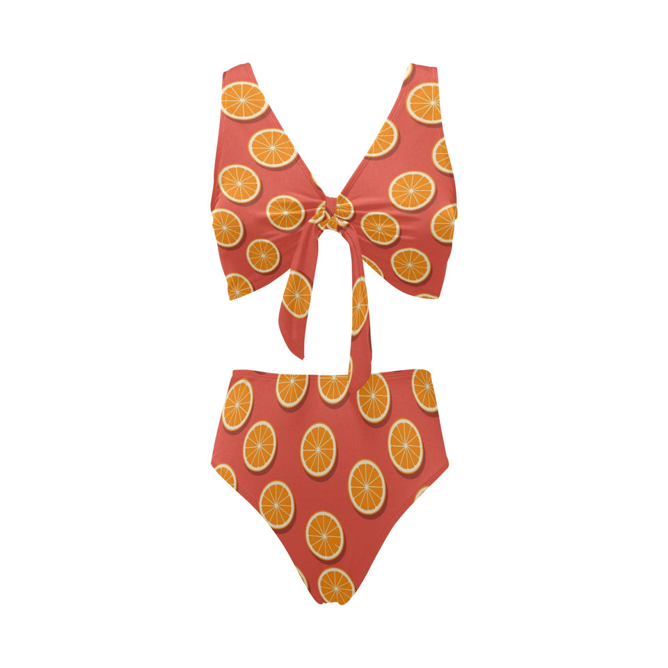 Oranges pattern red background Chest Bowknot High Waisted Bikini Swimsuit