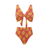 Oranges pattern red background Chest Bowknot High Waisted Bikini Swimsuit