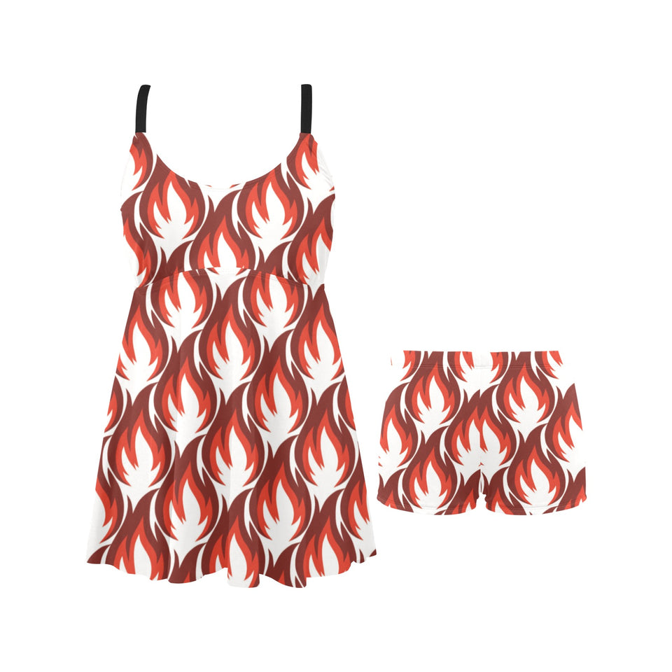 Fire flame symbol design pattern Chest Sexy Pleated Two Piece Swim Dress