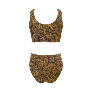 cacao beans tribal polynesian pattern background Chest Bowknot High Waisted Bikini Swimsuit