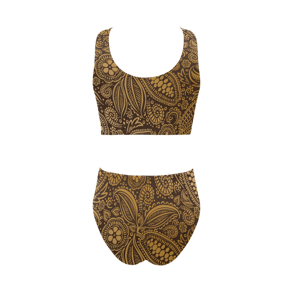 cacao beans tribal polynesian pattern background Chest Bowknot High Waisted Bikini Swimsuit