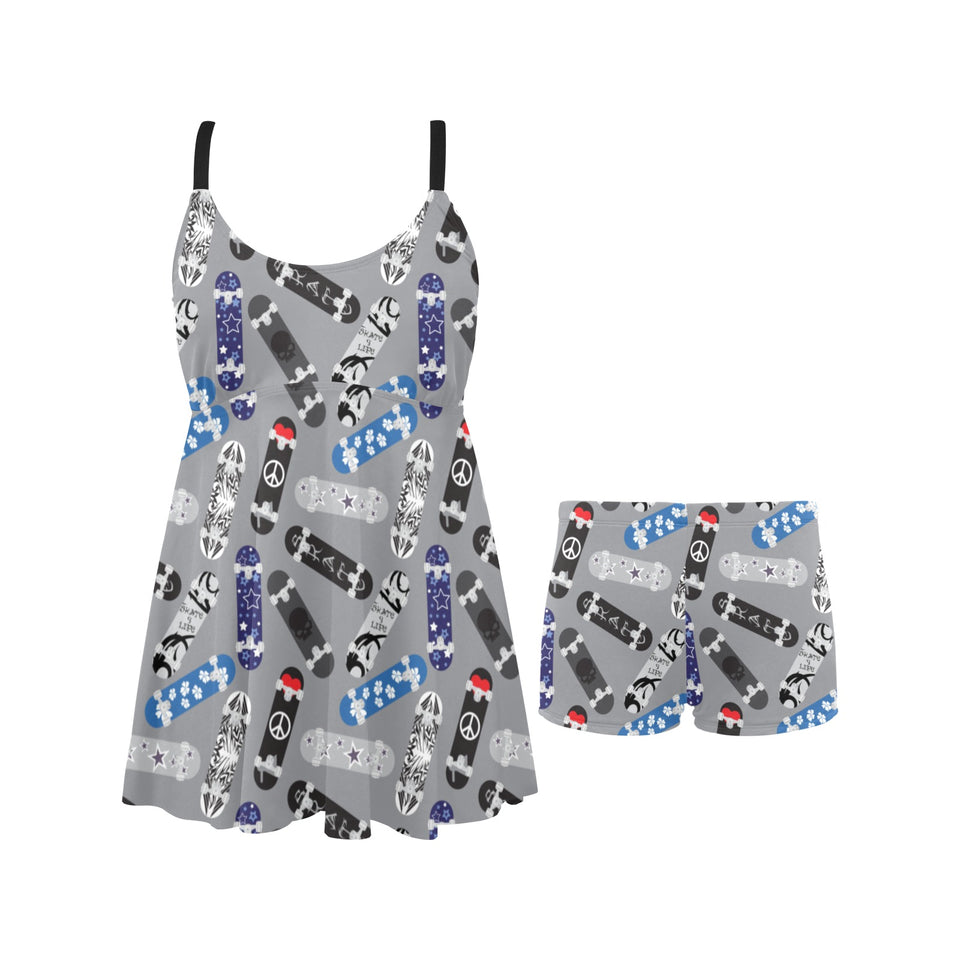 Skate Board Pattern Print Design 03 Chest Sexy Pleated Two Piece Swim Dress